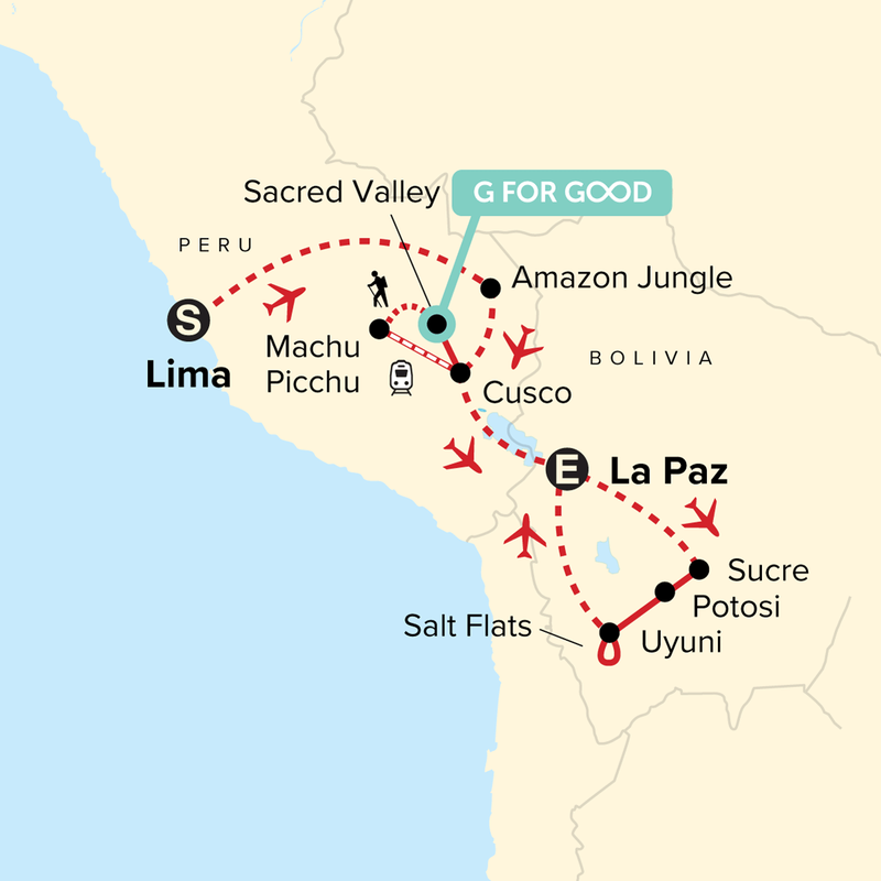 Map of the route for Peru and Bolivia: Machu Picchu to the Salt Flats