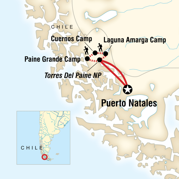 Map of the route for Torres del Paine - The W Trek