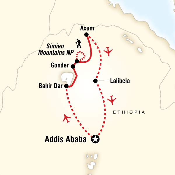 Map of the route for Mysteries of Ethiopia