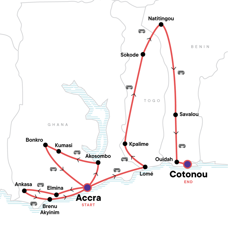 Map of the route for West African Adventure: Highlights of Ghana, Togo & Benin