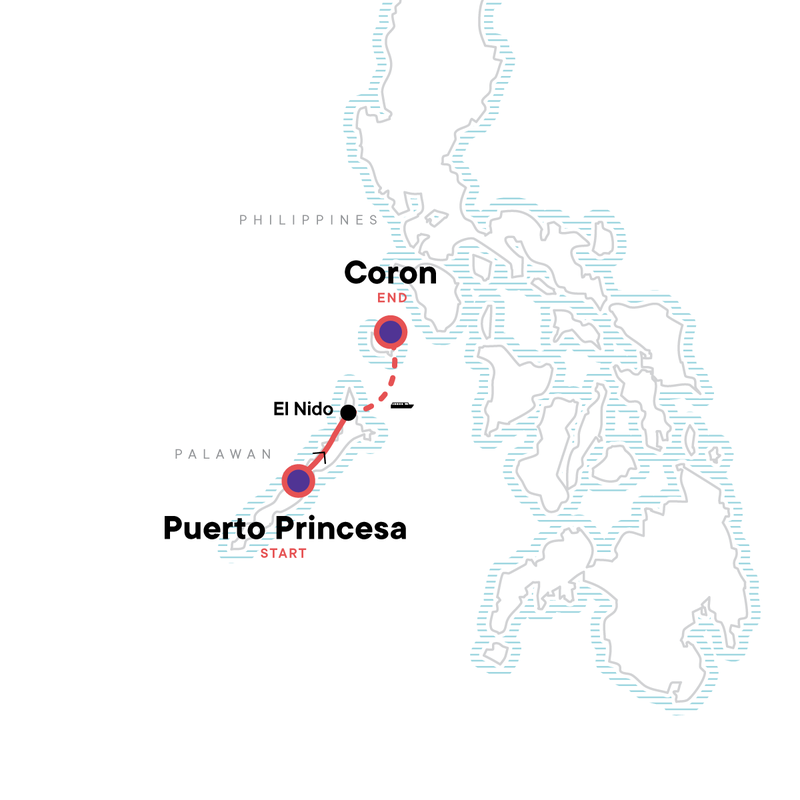 Map of the route for Palawan and Coron: Underground Rivers, Snorkeling & Island Hopping