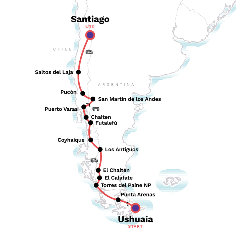 Map of the route for Lando South America: Ushuaia to Santiago