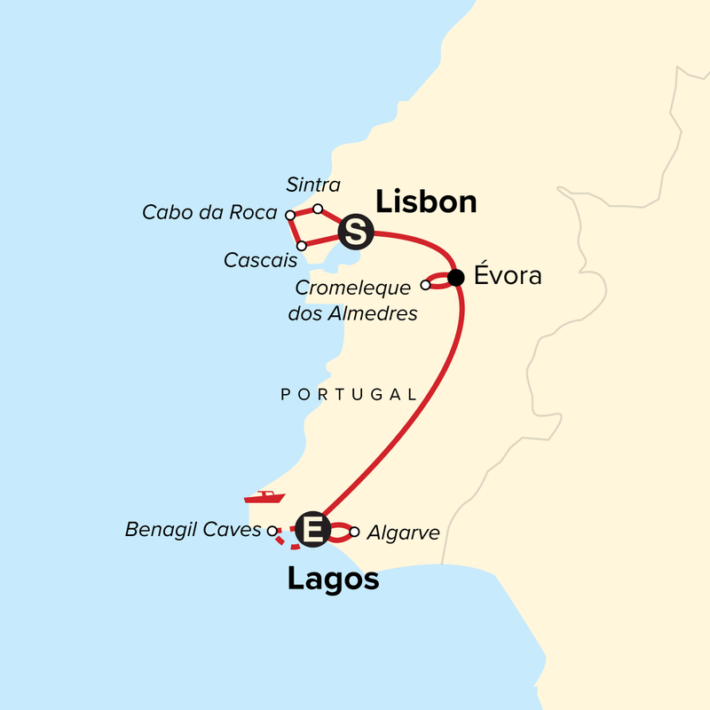 Map of the route for Family Journey Portugal: Lisbon to the Algarve