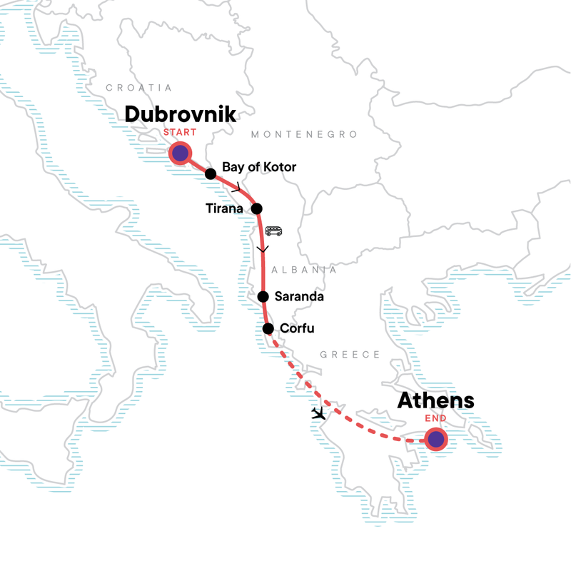 Map of the route for Dubrovnik to Athens: Beachfronts & Fortresses