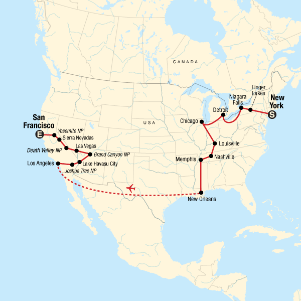 Map of the route for Best of the US Express