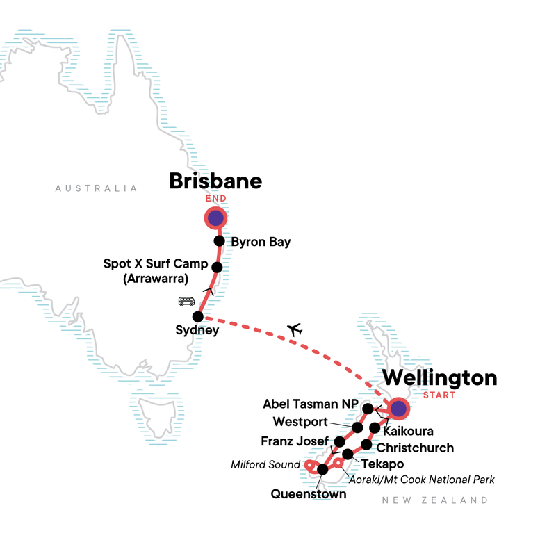 Map of the route for Australia And New Zealand: Bushwalks & Beaches