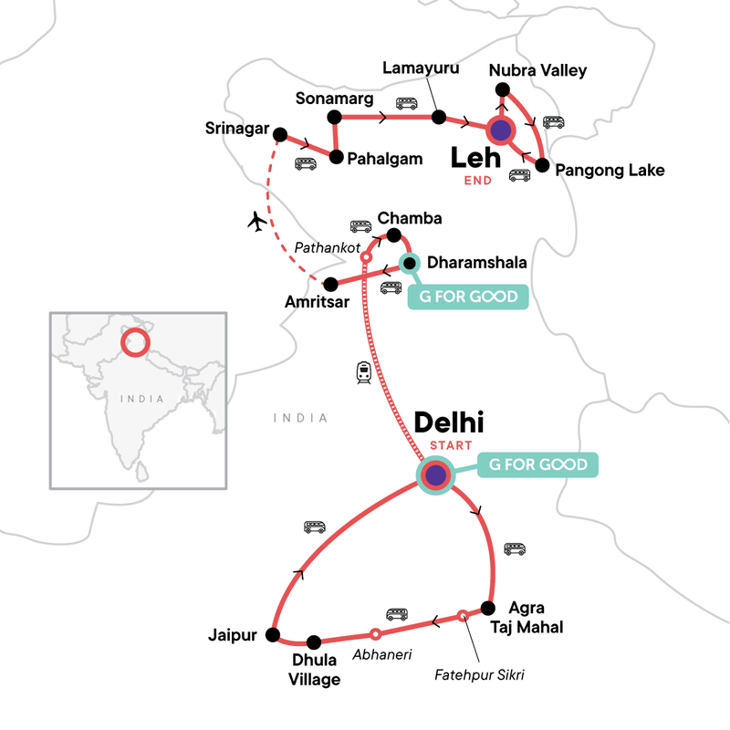 Map of the route for Northern India: Dharamshala, Kashmir & Ladakh Highlights