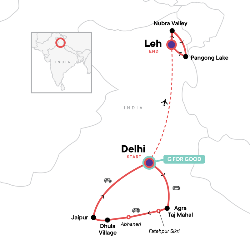 Map of the route for Golden Triangle & Ladakh: History, Culture & High Passes