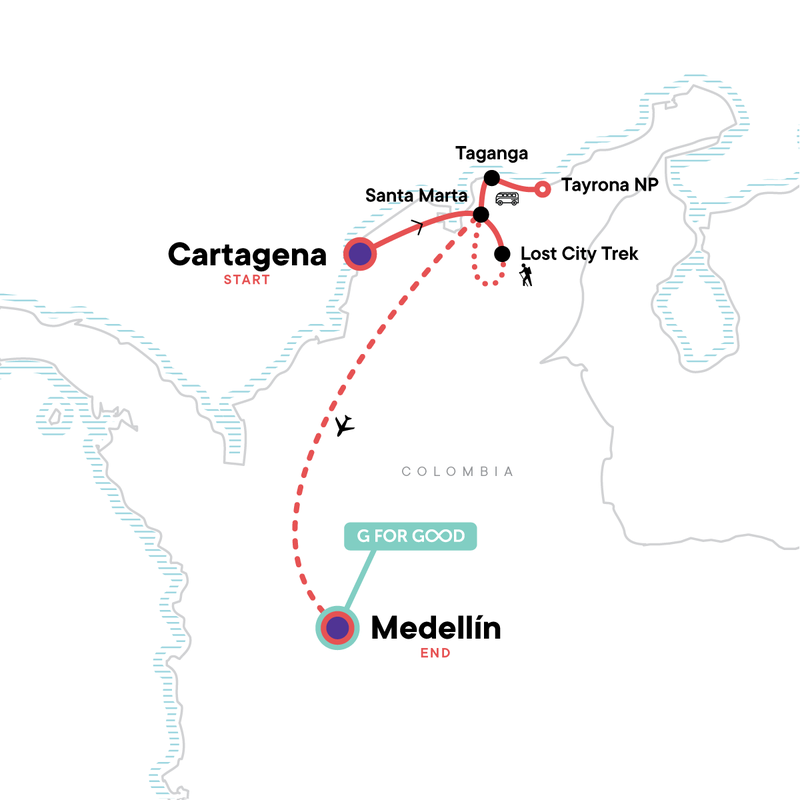 Map of the route for Caribbean Adventure: the Lost City trek & Medellín