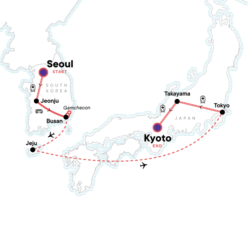 Map of the route for Korea to Japan: Epic Eats & Bright City Lights