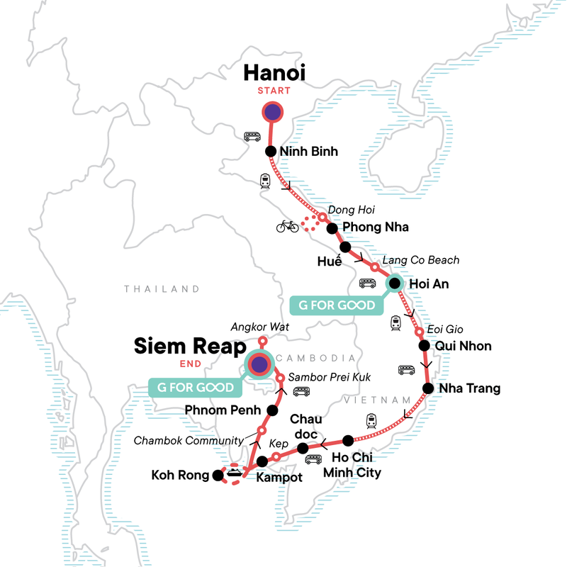 Map of the route for Vietnam to Cambodia: Hanoi Hostels, Beaches & Ancient Ruins