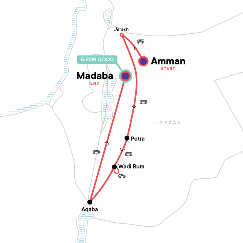 Map of the route for Jordan: Ancient Cities, Iconic Petra & Red Sea Swimming