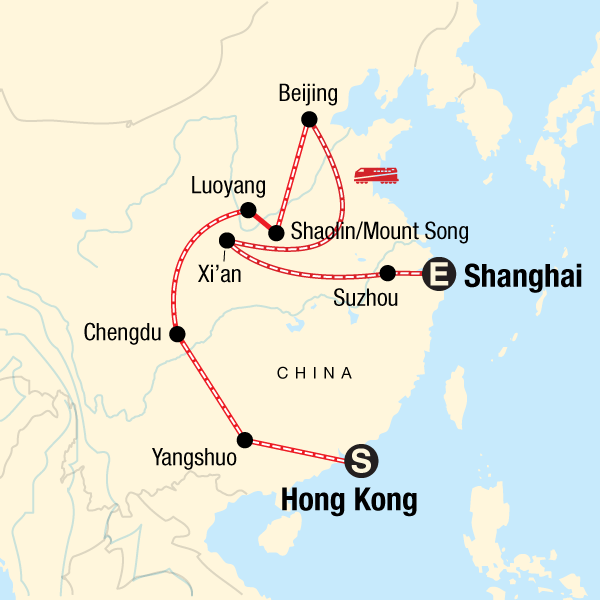 Map of the route for Hong Kong to Shanghai on a Shoestring