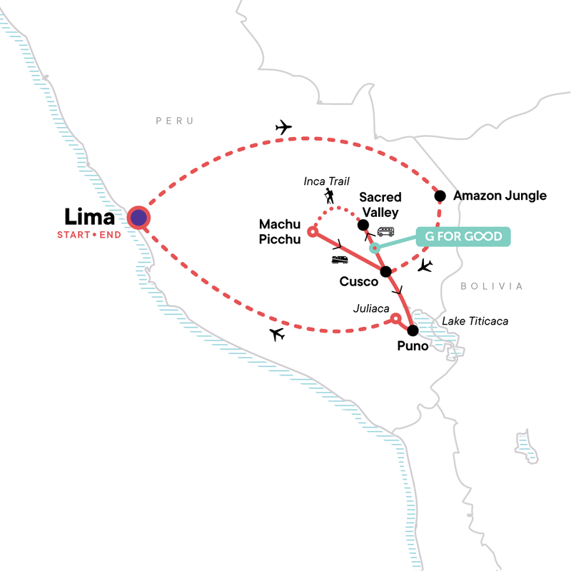 Map of the route for Essential Peru Upgraded Adventure
