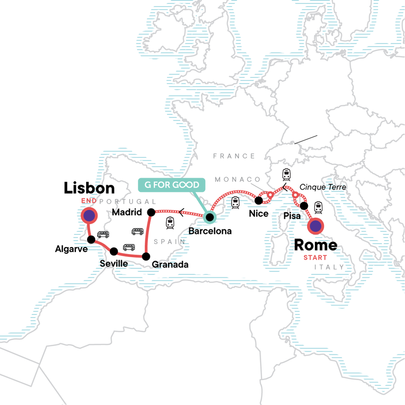 Map of the route for Rome to Lisbon: Coasts & Countryside
