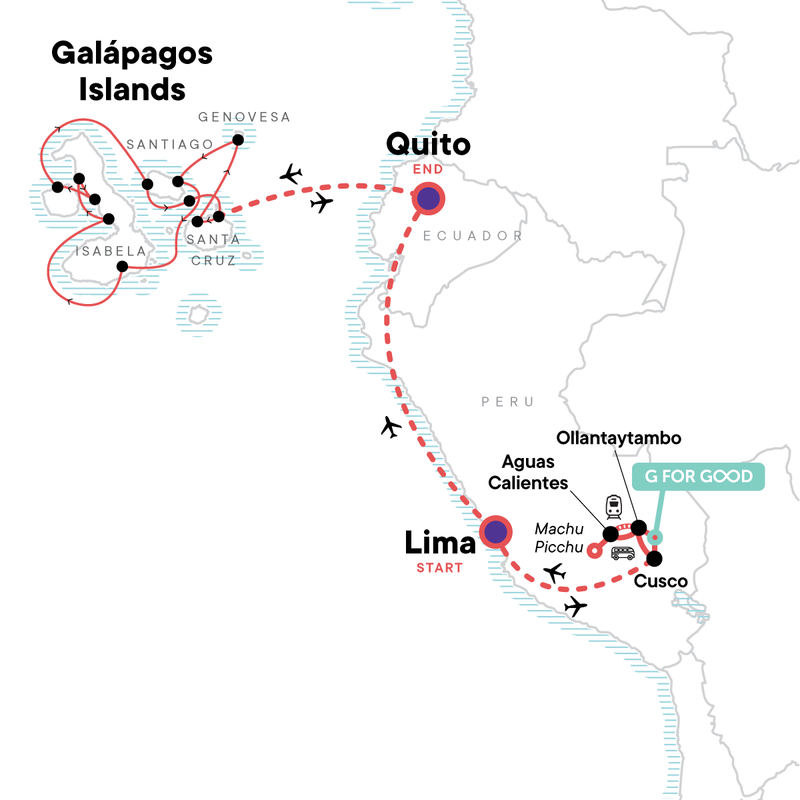 Map of the route for Machu Picchu & the Galápagos Islands aboard the Yolita