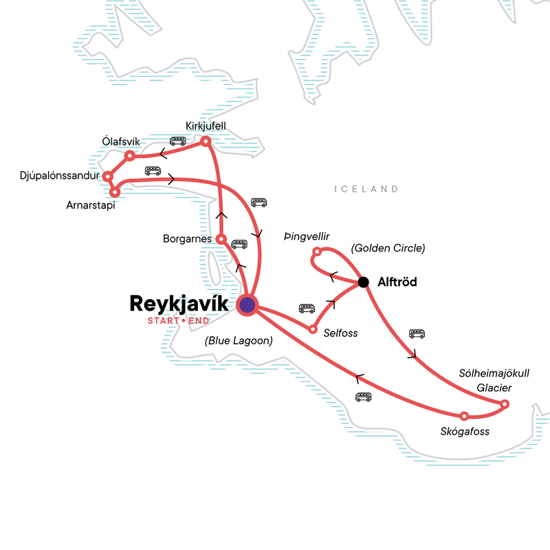 Map of the route for Iceland Adventure: Northern Lights & Snæfellsnes Peninsula