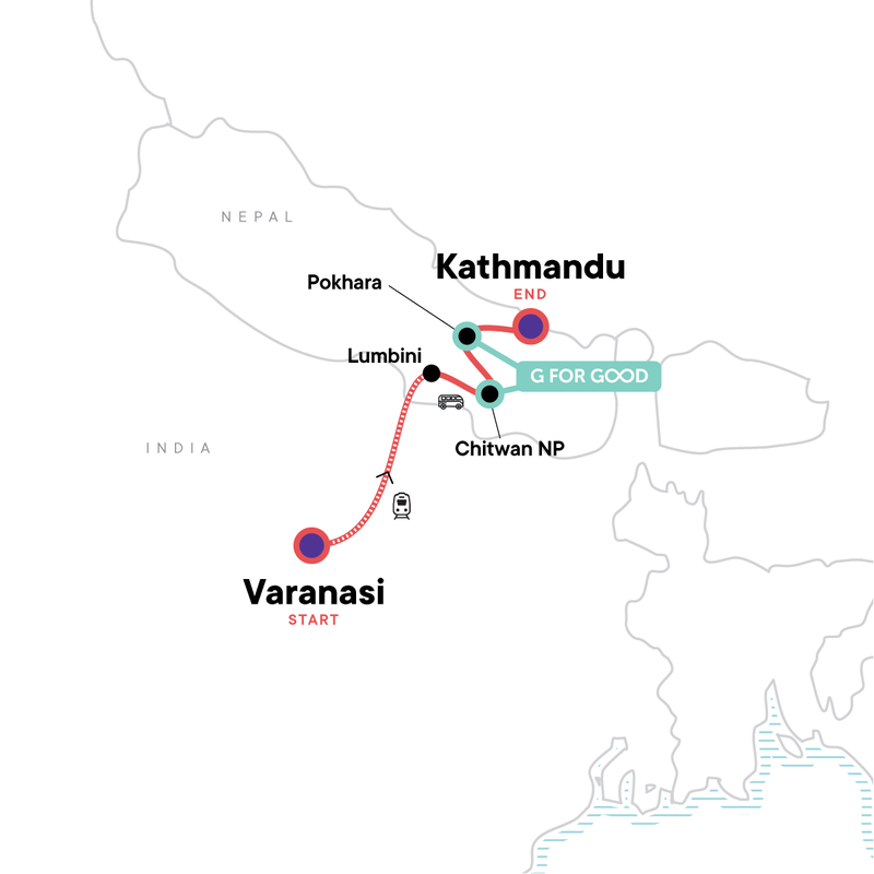 Map of the route for India & Nepal on a Budget: Varanasi to Kathmandu