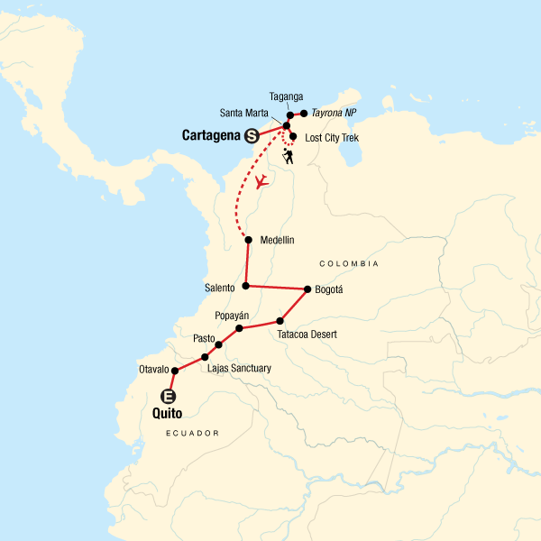 Map of the route for Cartagena to Quito on a Shoestring