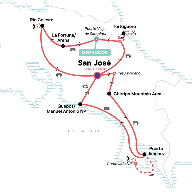 Map of the route for Costa Rica North and South: National Parks, Wildlife & Hot Springs