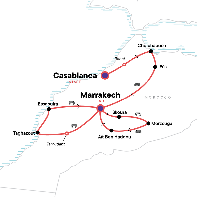 Map of the route for Morocco Adventure: Culture & Colour