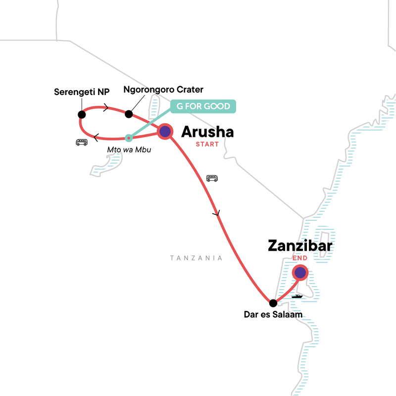 Map of the route for Serengeti to Zanzibar Overland Safari & Participation Camping