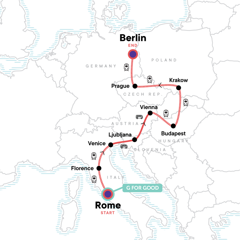 Map of the route for Rome to Berlin: Piazzas, Prague & the Past