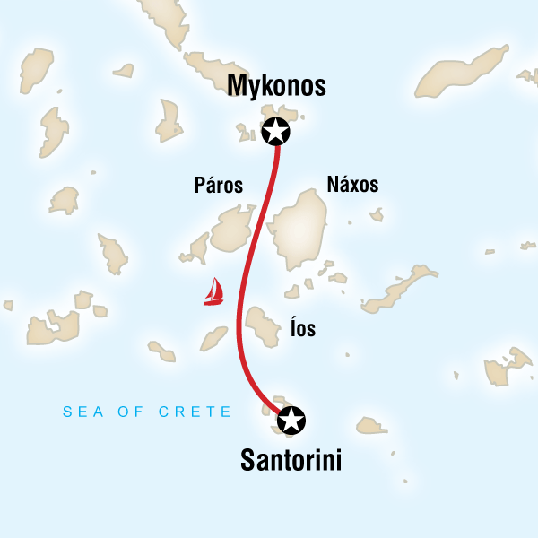 Map of the route for Sailing Greece - Santorini to Mykonos