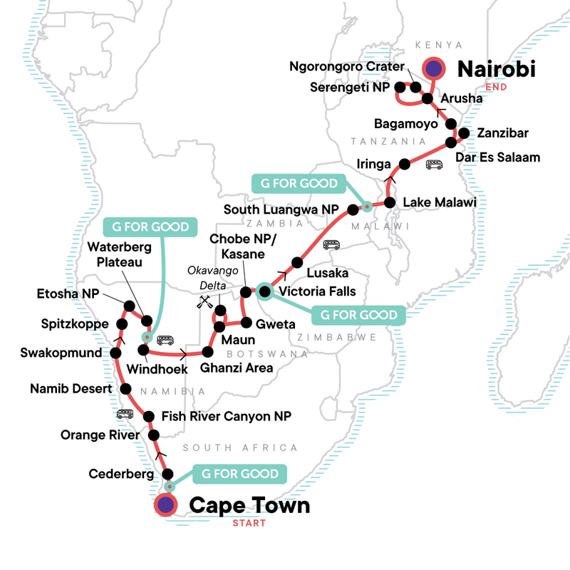 Map of the route for Cape Town to the Serengeti: Deserts & Wilderness