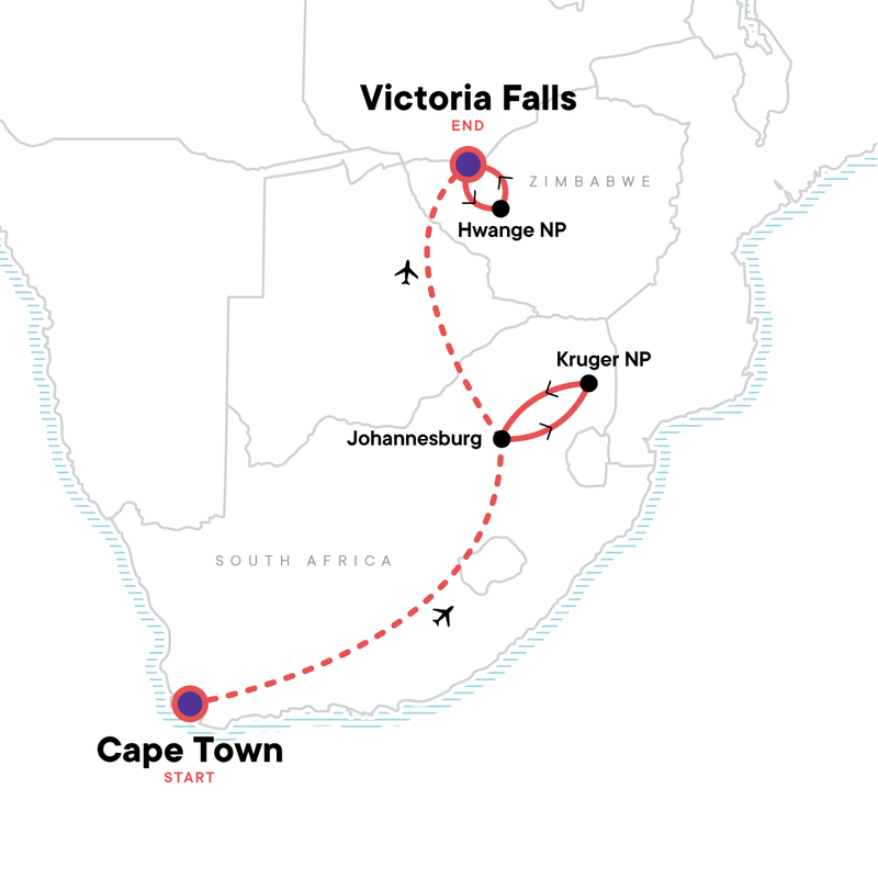 Map of the route for TailorMade Southern Africa: Cape Town, Kruger & Zimbabwe