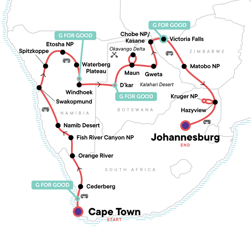 Map of the route for Cape Town to Johannesburg Overland Safari & Participation Camping