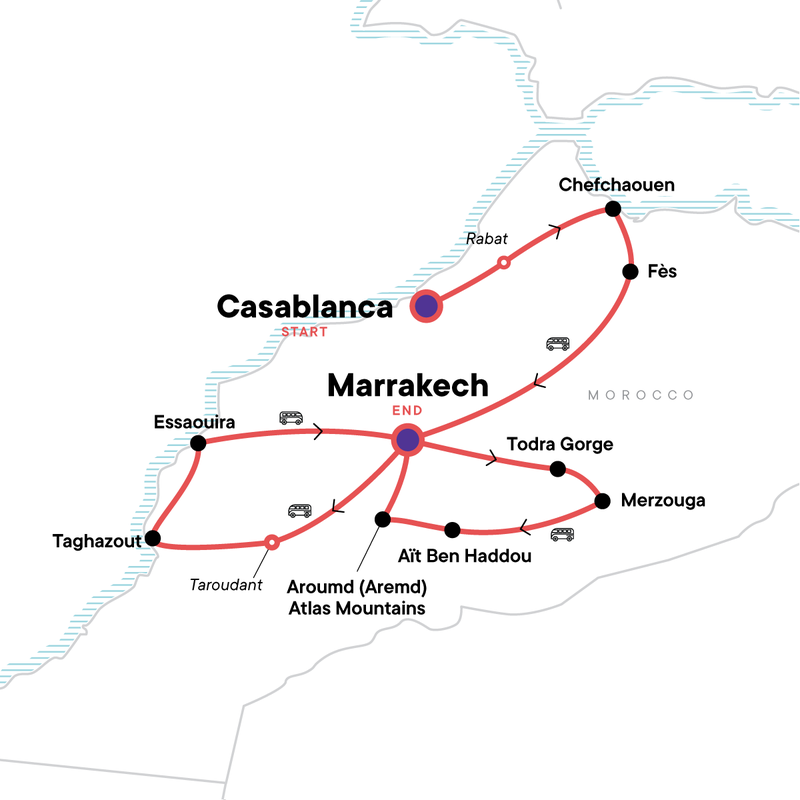 Map of the route for Morocco Adventure: Culture & Colour