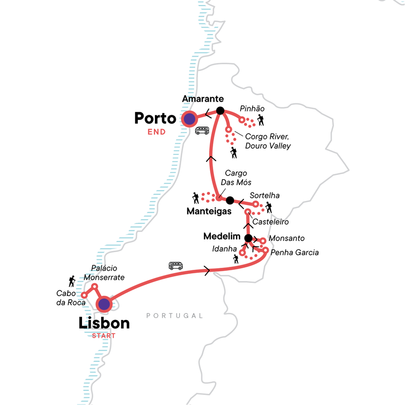 Map of the route for Portugal: Coastal Walks, Vineyards & Villages of the Douro Valley
