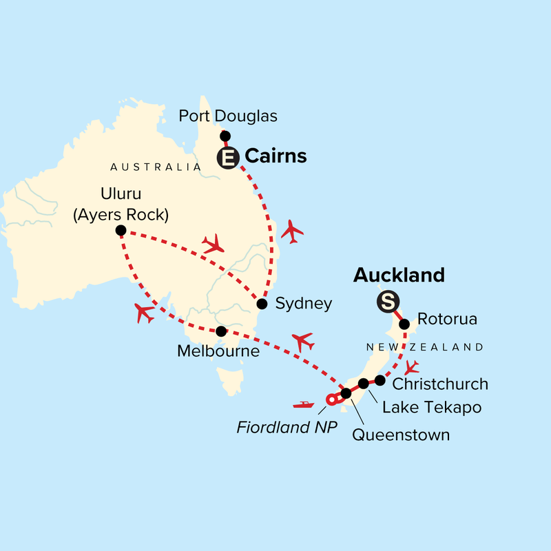 Map of the route for Journeys: Iconic Australia and New Zealand