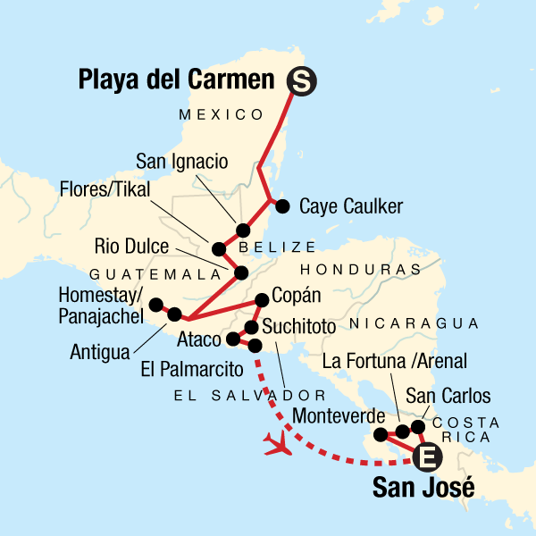 Map of the route for Central American Journey: Rainforests & Ruins