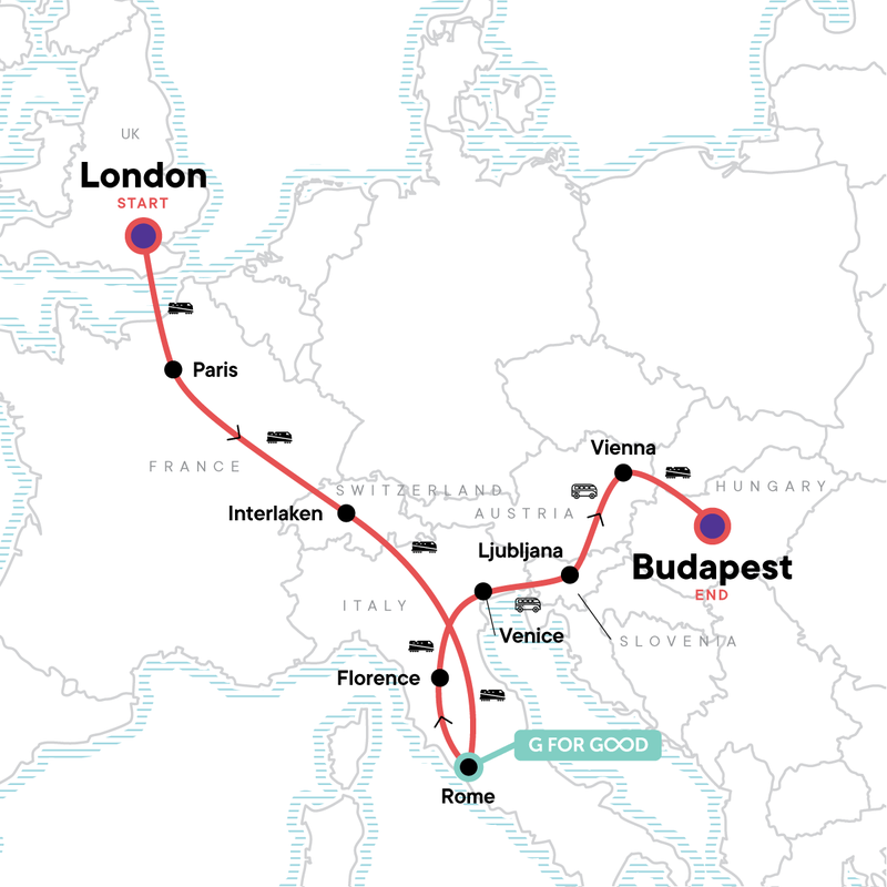 Map of the route for London to Budapest: Waterways, Wine & Bohemian Vibes