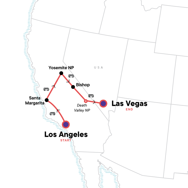 Map of the route for California Dreaming: Yosemite, Death Valley & Coastal Camping