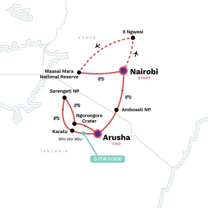 Map of the route for East Africa: Safari Drives, Maasai Culture & the Great Migration