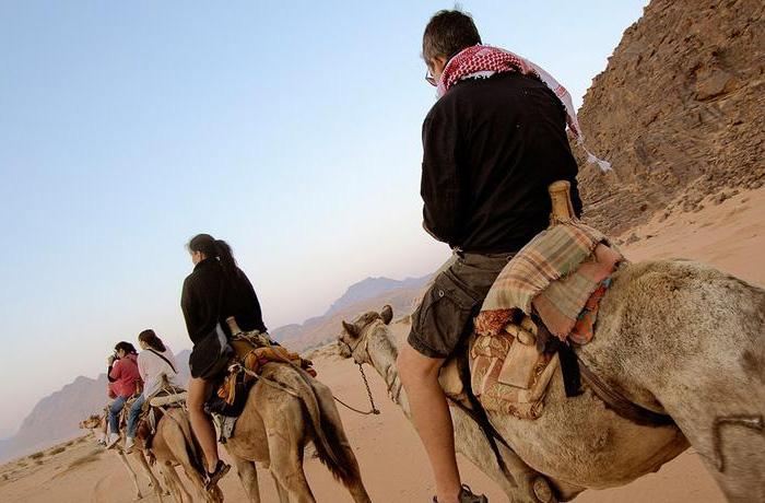 Tourists camel riding in the dry valley of Wadi Rum, Jordan 