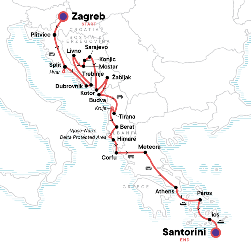 Map of the route for Zagreb to Santorini: 35 Unforgettable Days