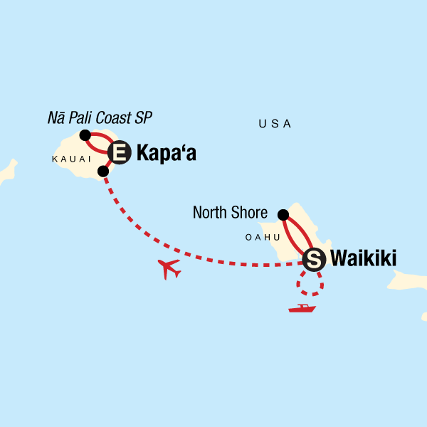 Map of the route for Hawaii Adventure – Oahu & Kauai