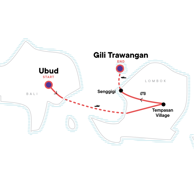 Map of the route for Ubud to Lombok: Temples, Jungles & Island Vibes