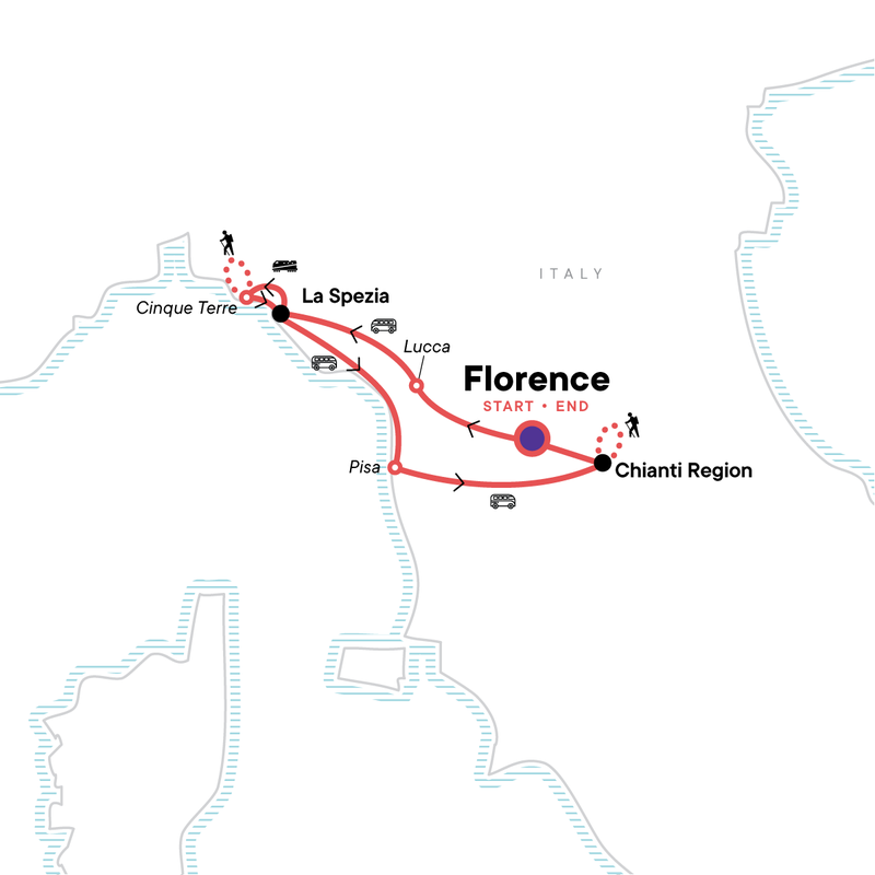 Map of the route for Tuscany to Cinque Terre: Wines, Villages & Unforgettable Walks