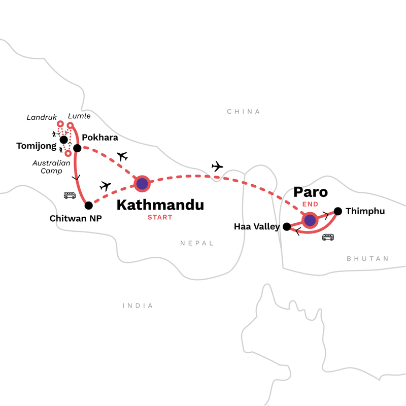 Map of the route for Nepal & Bhutan: From the Annapurna Foothills to Tiger's Nest