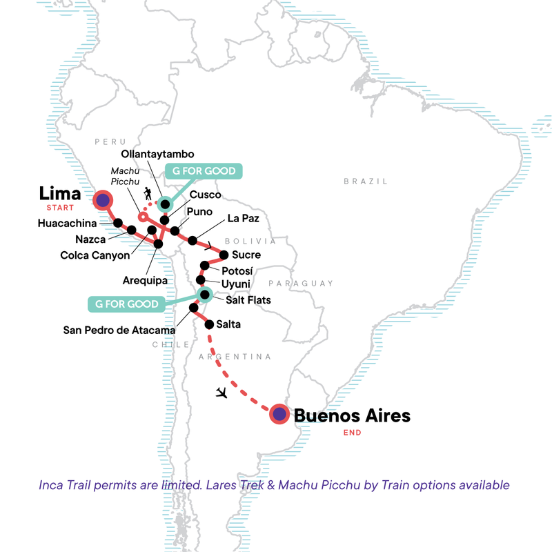 Map of the route for Lima to Buenos Aires: Deserts & Dancing