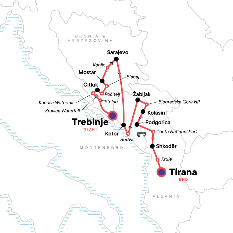Map of the route for Classic Balkans: Trebinje to Tirana