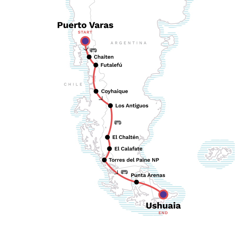 Map of the route for Lando South America: Puerto Varas to Ushuaia