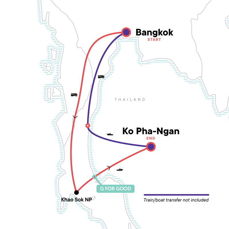 Map of the route for Thailand Full Moon Party: Beach Parties & National Parks