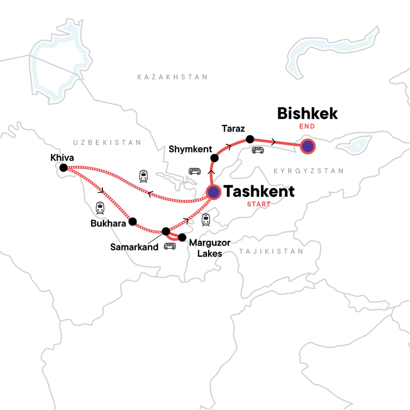 Map of the route for Central Asia: Uzbekistan, Tajikistan, Kazakhstan & Kyrgyzstan