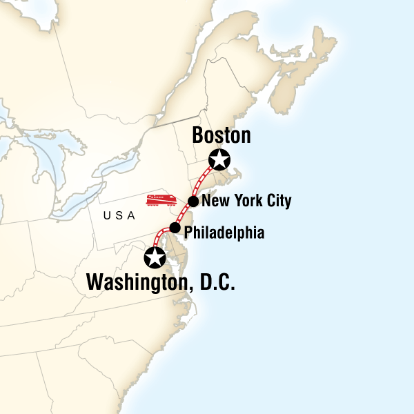 Map of the route for Historic American Cities by Rail